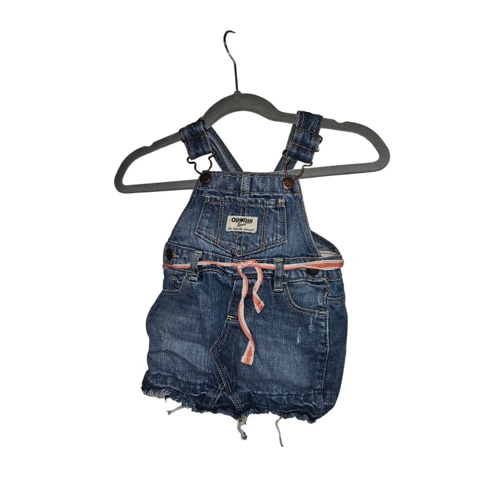 OshKosh B'gosh Baby Girls Blue‎ Denim Overall Jumper Dress 9M Frayed Hem B